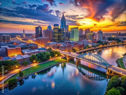 Aerial view: Nashville's cityscape at blue hour; bridges spanning the twilight, a panoramic masterpiece.