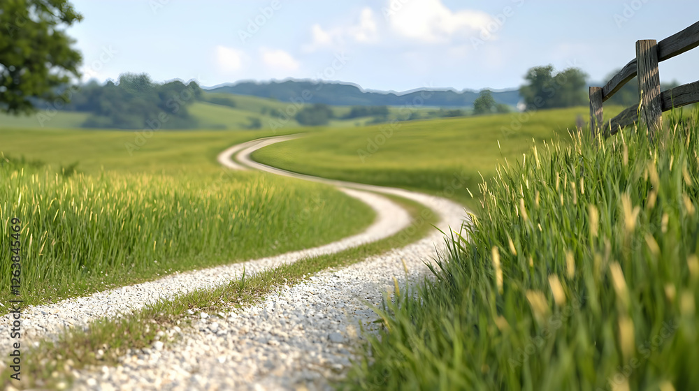 Winding country road through green fields, scenic landscape background, travel poster Winding country road through green fields, scenic landscape background, travel poster