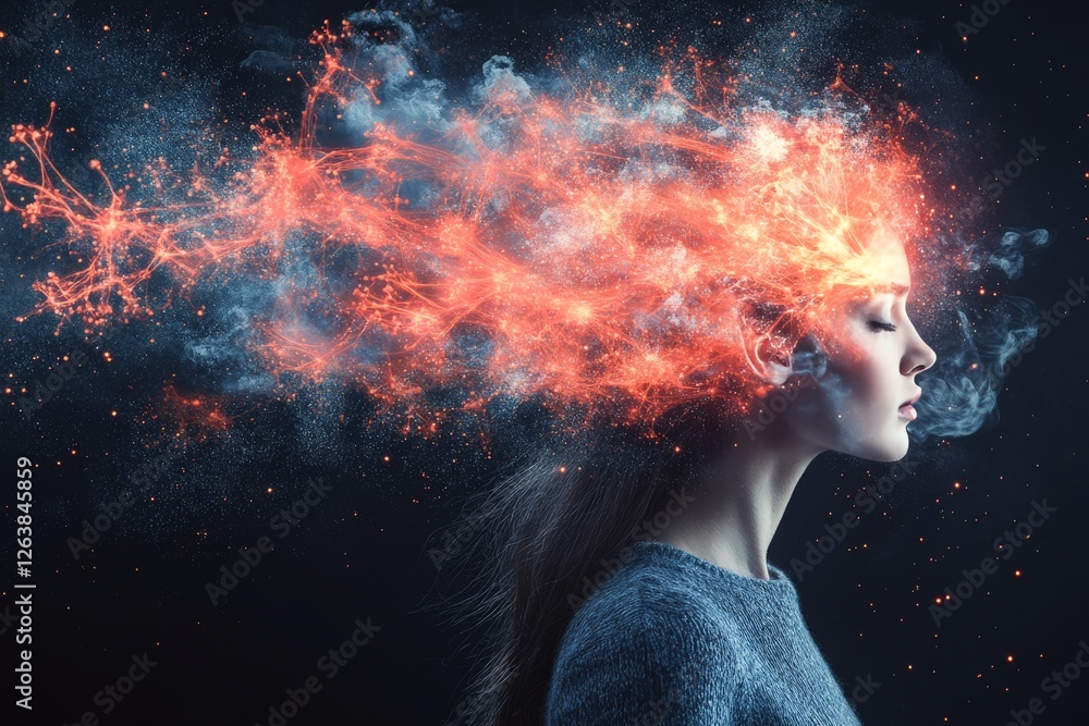 Futuristic woman with luminous brain dispersing energy in vibrant sci fi style, depicting cognitive power, neural networks, and abstract intelligence in high resolution digital artwork Futuristic woman with luminous brain dispersing energy in vibrant sci fi style, depicting cognitive power, neural networks, and abstract intelligence in high resolution digital artwork