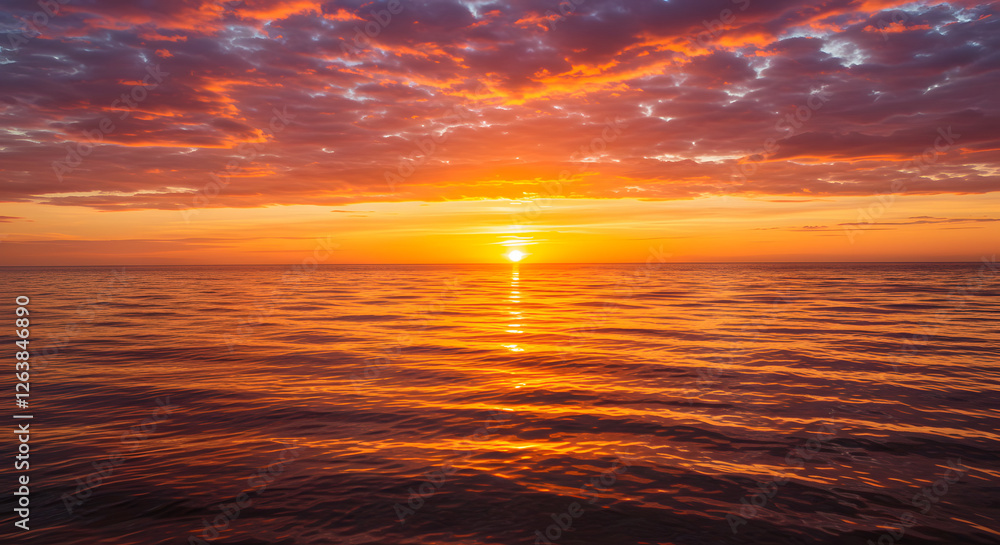 Obraz premium 美しい黄金色とオレンジの夕日が輝く海の風景