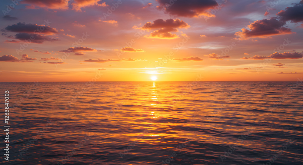 Obraz premium 海の地平線に広がる幻想的な黄金色の夕焼け 