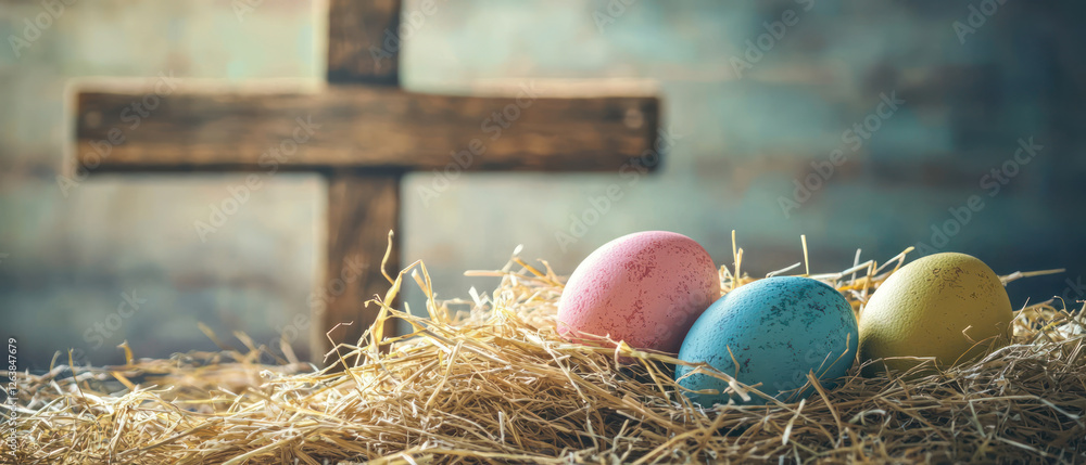 An Easter eggs nestled in straw with wooden cross background, vintage style. serene and reflective scene perfect for holiday An Easter eggs nestled in straw with wooden cross background, vintage style. serene and reflective scene perfect for holiday