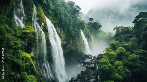 Cascading waterscapes, multiple waterfalls amidst lush green vegetation