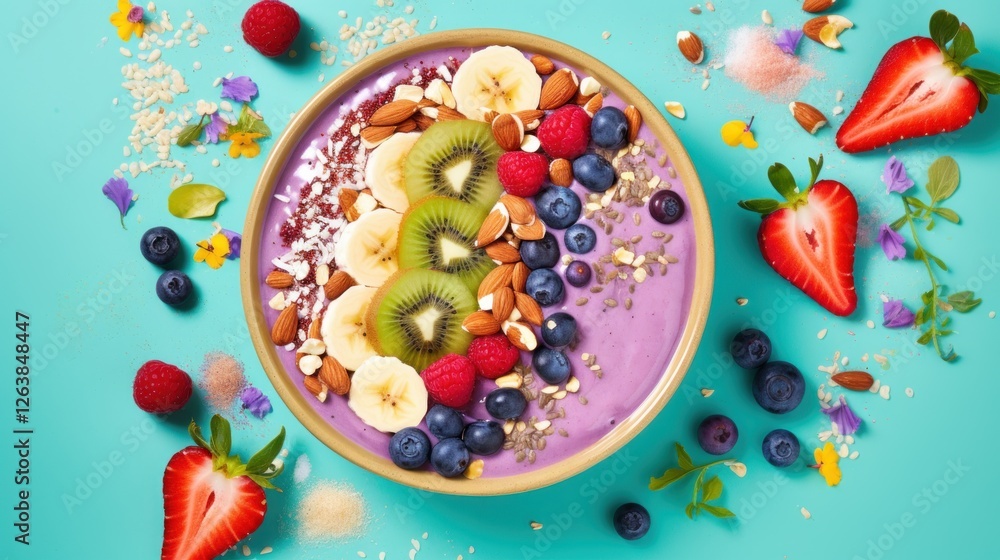 Exquisite smoothie bowl with vibrant fruits and nuts on pastel turquoise surface Exquisite smoothie bowl with vibrant fruits and nuts on pastel turquoise surface