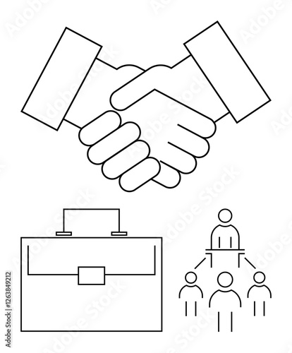 Handshake symbolizing agreement, briefcase for work, and hierarchical team structure. Ideal for business deals, teamwork, leadership, networking, communication, career growth abstract line flat