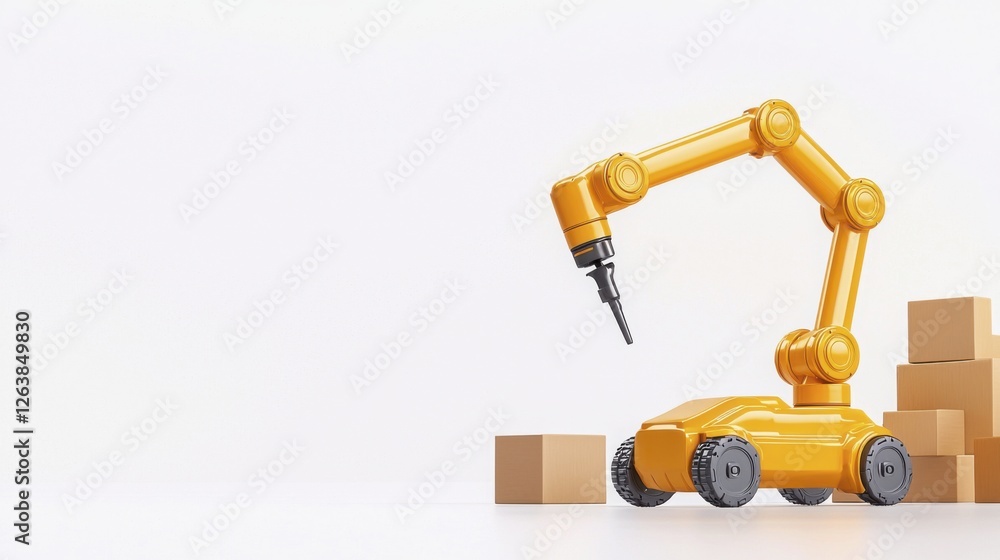 Robotic Arm with Gripper Manipulating Brown Cardboard Boxes Robotic Arm with Gripper Manipulating Brown Cardboard Boxes