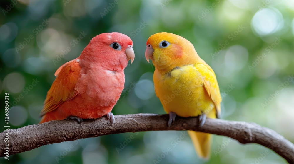 Obraz premium Two lovebirds perched on branch, green bokeh background, nature, wildlife photography