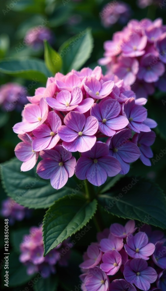 Close-up of hydrangea bloom with surrounding garden flowers and foliage, garden, botanical, petals Close-up of hydrangea bloom with surrounding garden flowers and foliage, garden, botanical, petals