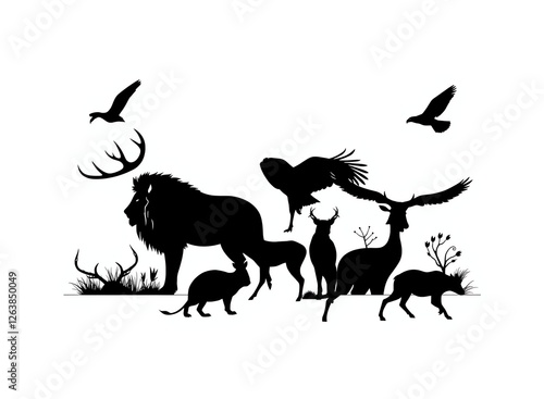 an image of a group of animals and birds in silhouette, there is a black and white silhouette of a group of animals photo