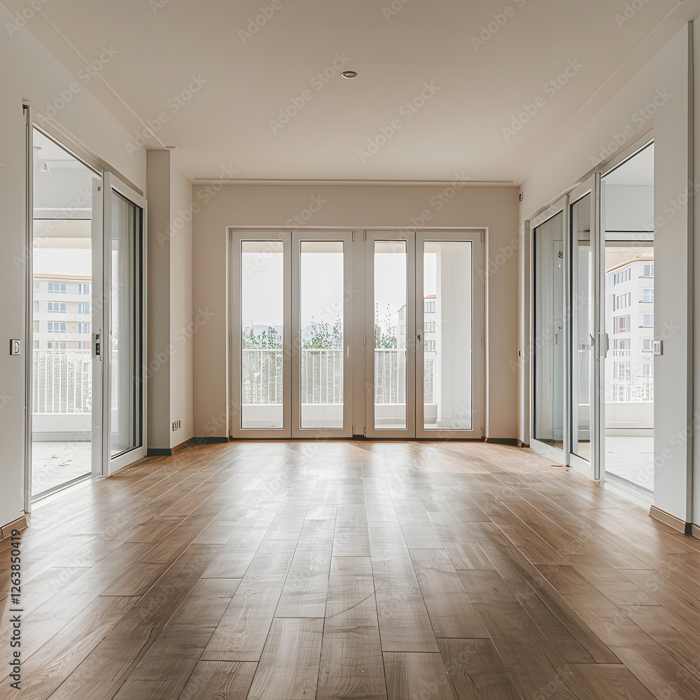 Obraz premium Empty Apartment Room with Wood Flooring and Glass Doors