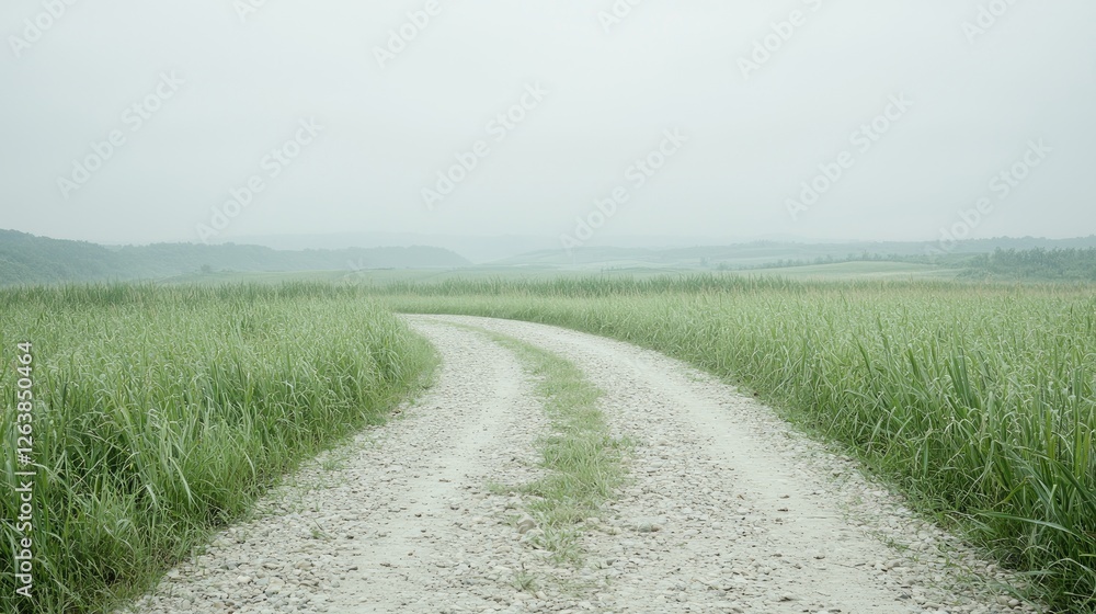 Empty dirt road through grassy field on a hazy day. Possible use Nature photography Empty dirt road through grassy field on a hazy day. Possible use Nature photography