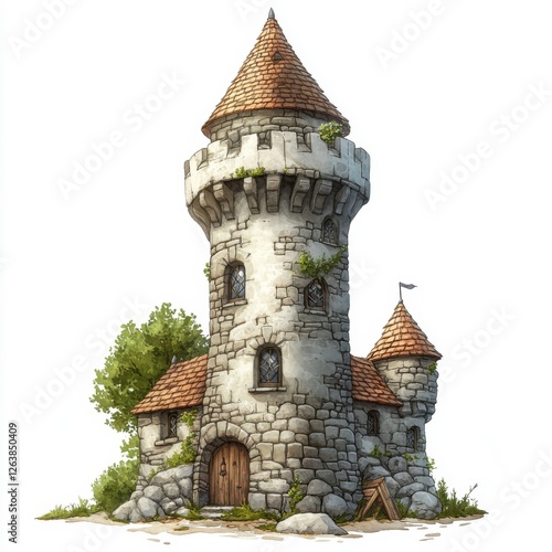 Charming Fairytale Castle Tower Surrounded by Lush Greenery