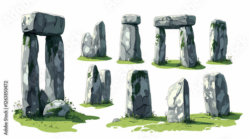 Collection set of stonehenge on white background. Lava-Covered Megaliths. Illustration photo