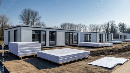Modern Prefabricated Houses Under Construction on a Sunny Day