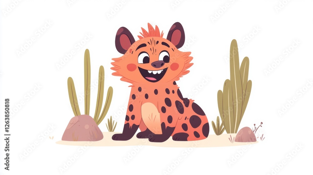 Fototapeta premium Happy Cartoon Hyena Sitting Among Cactus Plants in a Desert Scene