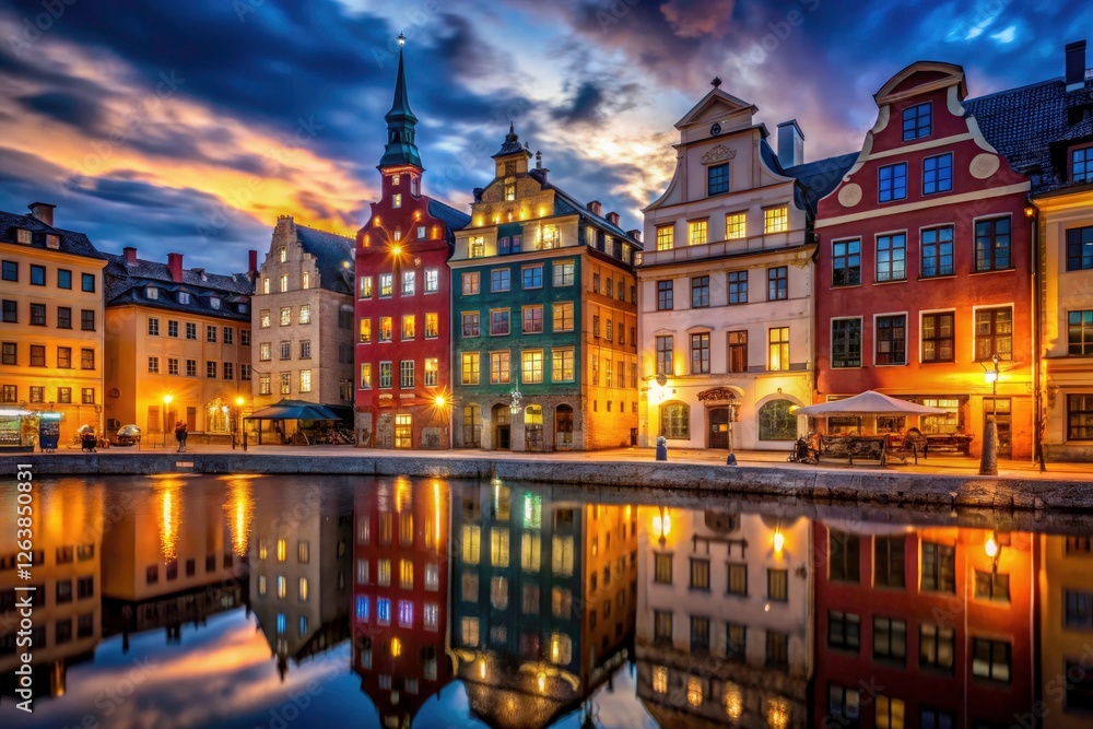 Fototapeta premium Capture Stockholm's architectural beauty: night photography reveals stunning low-light Scandinavian design.