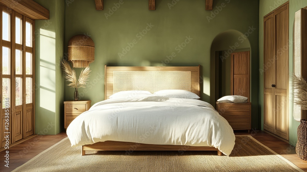 Fototapeta premium Relaxing bedroom with an earthy green color scheme, wooden furniture, and soft white bedding