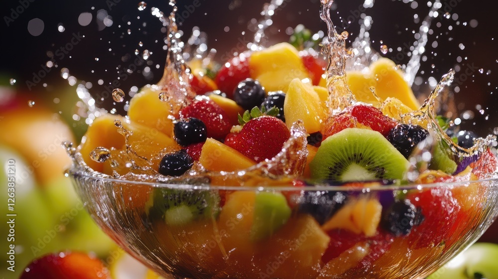 Fresh fruit salad splash, kitchen setting, healthy eating Fresh fruit salad splash, kitchen setting, healthy eating