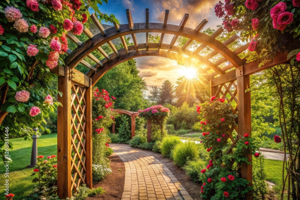 Fototapeta premium Charming vine-covered arbor, offering a shaded seating area, ideal for a romantic garden wedding or peaceful summer retreat.