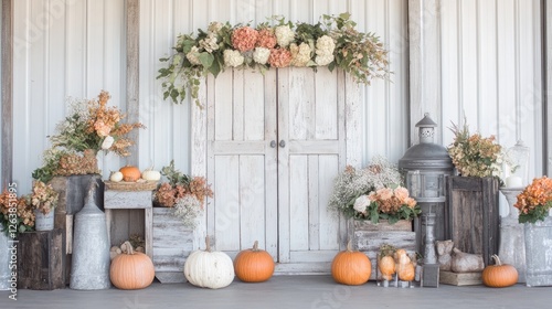Rustic barn door repurposed as a decorative wall piece, with vintage accents surrounding it