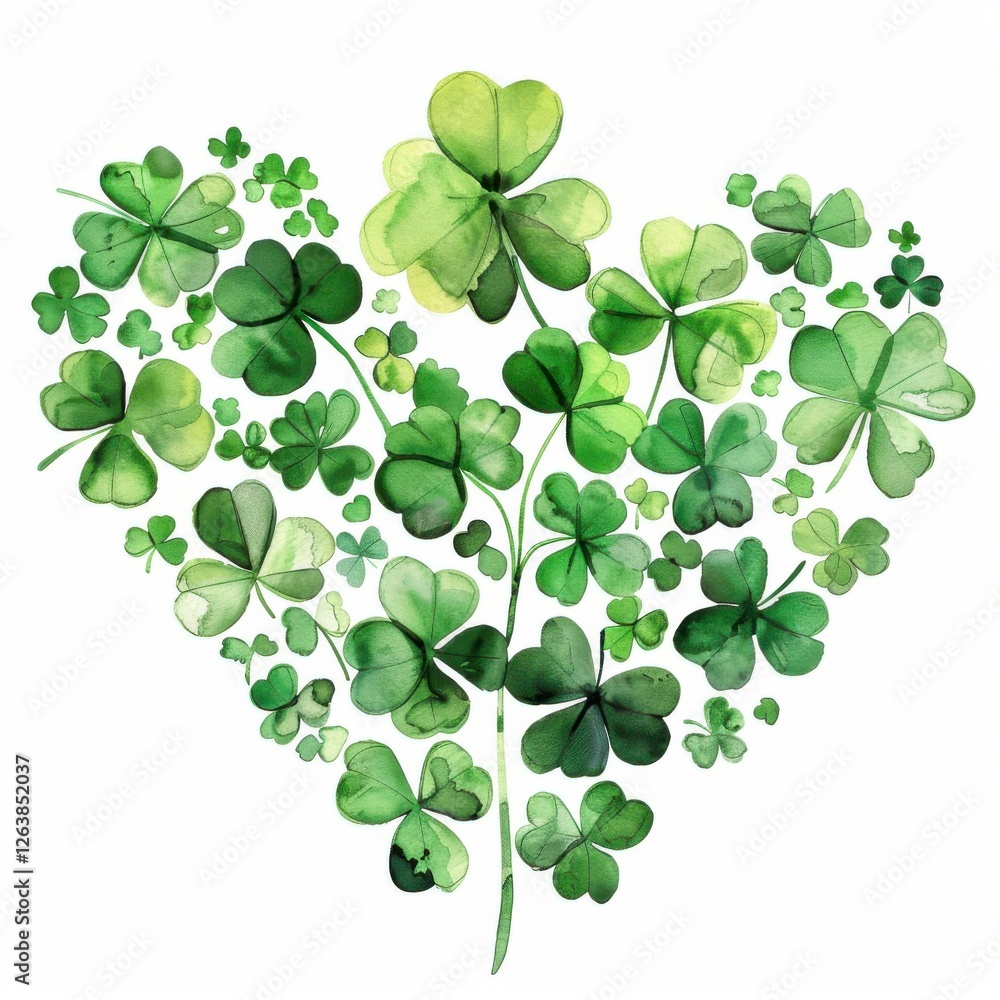 Heart-Shaped Arrangement of Green Clover Leaves and Shapes Heart-Shaped Arrangement of Green Clover Leaves and Shapes