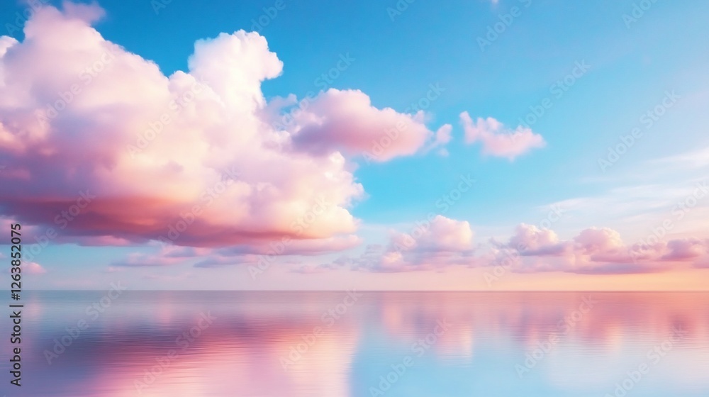 Fototapeta premium Peaceful sunset over calm ocean; pastel clouds