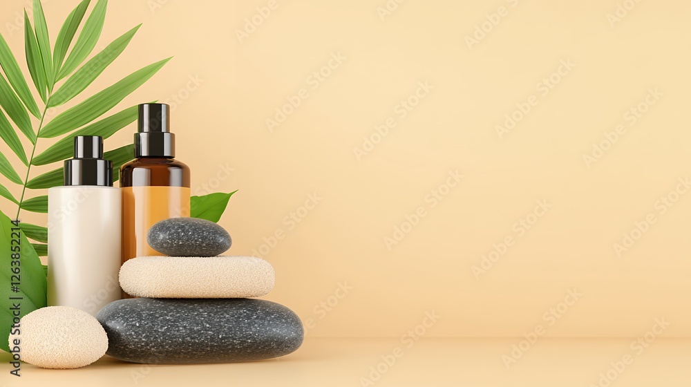Beige Spa Cosmetic Bottles Display with Spa Stones and Palm Leaves Beige Spa Cosmetic Bottles Display with Spa Stones and Palm Leaves