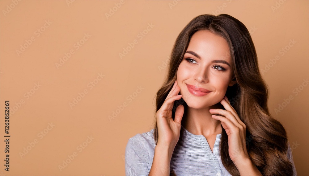 Portrait of attractive dreamy girl touching smooth clean clear soft skin isolated over beige backgorund Portrait of attractive dreamy girl touching smooth clean clear soft skin isolated over beige backgorund