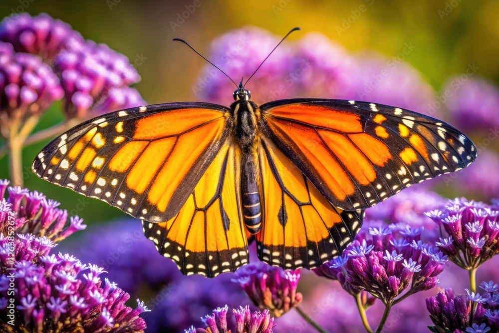 Close-up of a monarch butterfly's iridescent wings against a backdrop of vibrant purple flowers. Close-up of a monarch butterfly's iridescent wings against a backdrop of vibrant purple flowers.