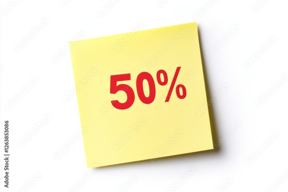 Bright yellow sticky note displaying fifty percent indicating a discount or promotion in a simple office setting Bright yellow sticky note displaying fifty percent indicating a discount or promotion in a simple office setting