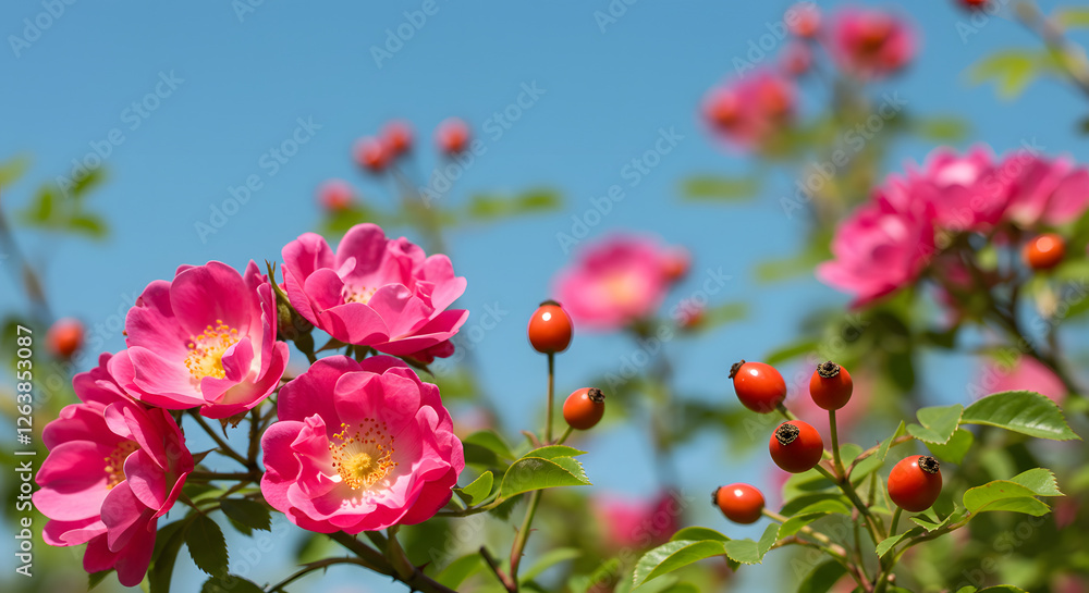 青空を背景にした春満開のバラの幻想的な美しさ
