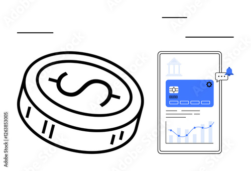 Coin with dollar sign and smartphone displaying banking app interface and chart. Ideal for online banking, financial planning, mobile payments, investment tracking, digital wallets, tech trends