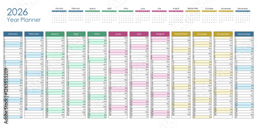 2026 colorful year planner. Vector design.
