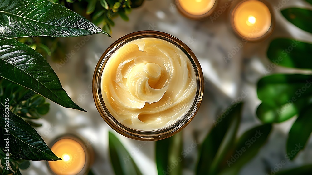 Luxurious cream jar, spa setting, candles, leaves Luxurious cream jar, spa setting, candles, leaves