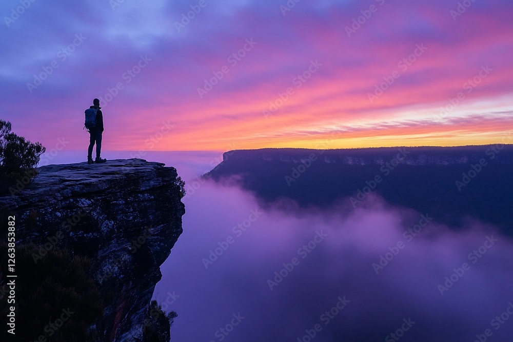 Silhouette of hiker on clifftop overlooking a misty valley at sunset. Silhouette of hiker on clifftop overlooking a misty valley at sunset.