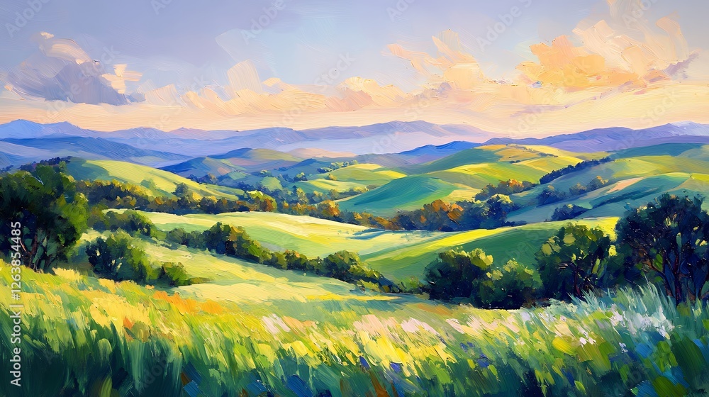 Obraz premium Serene Hillside Landscape with Lush Greenery and Vibrant Sky