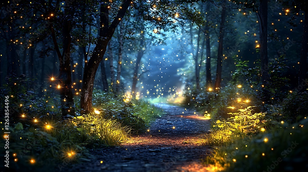 Magical forest path at night, fireflies glowing, mystical background, ideal for fantasy Magical forest path at night, fireflies glowing, mystical background, ideal for fantasy