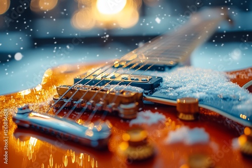 Close-up of a snow-covered electric guitar outdoors at sunset.