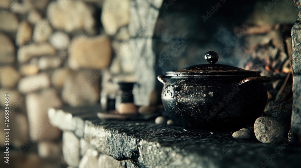Steaming pot on rustic stone fireplace. Steaming pot on rustic stone fireplace.