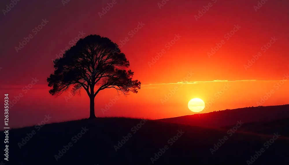 Obraz premium Majestic sunset scene hilltop photography nature silhouette a lone tree against a fiery horizon