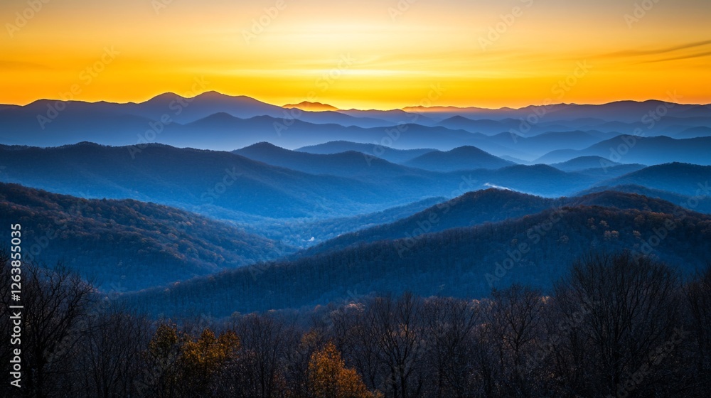 Majestic sunset over layered blue mountains, trees in foreground. Majestic sunset over layered blue mountains, trees in foreground.