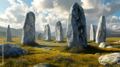3d callanish stones ancient scotland. Lava-Covered Megaliths. Illustration photo