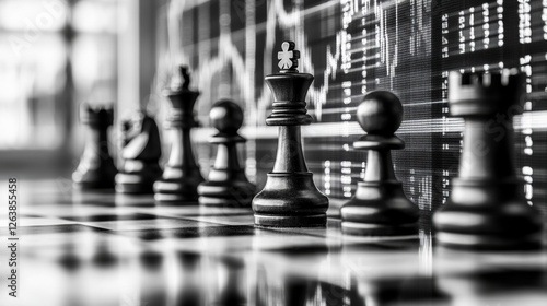 Wallpaper Mural Chess pieces arranged strategically on a board with financial charts in the background during midday Torontodigital.ca