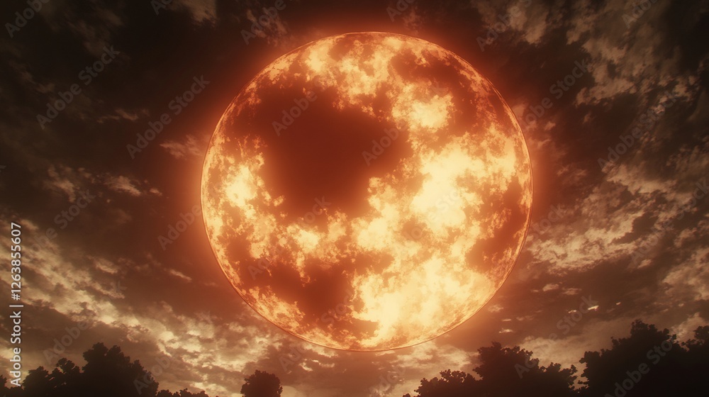 Fiery orange celestial body dominates dark sky dramatic lighting. AI Generated