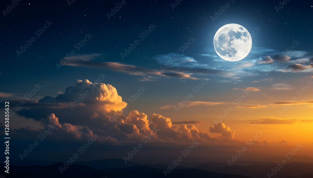 Fototapeta premium The full moon shines brightly in the beautiful cloudy night sky background