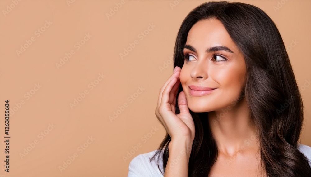 Portrait of attractive dreamy girl touching smooth clean clear soft skin isolated over beige backgorund Portrait of attractive dreamy girl touching smooth clean clear soft skin isolated over beige backgorund