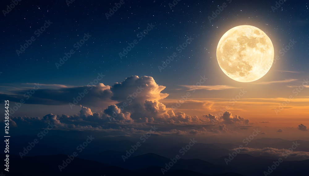The full moon shines brightly in the beautiful cloudy night sky background The full moon shines brightly in the beautiful cloudy night sky background