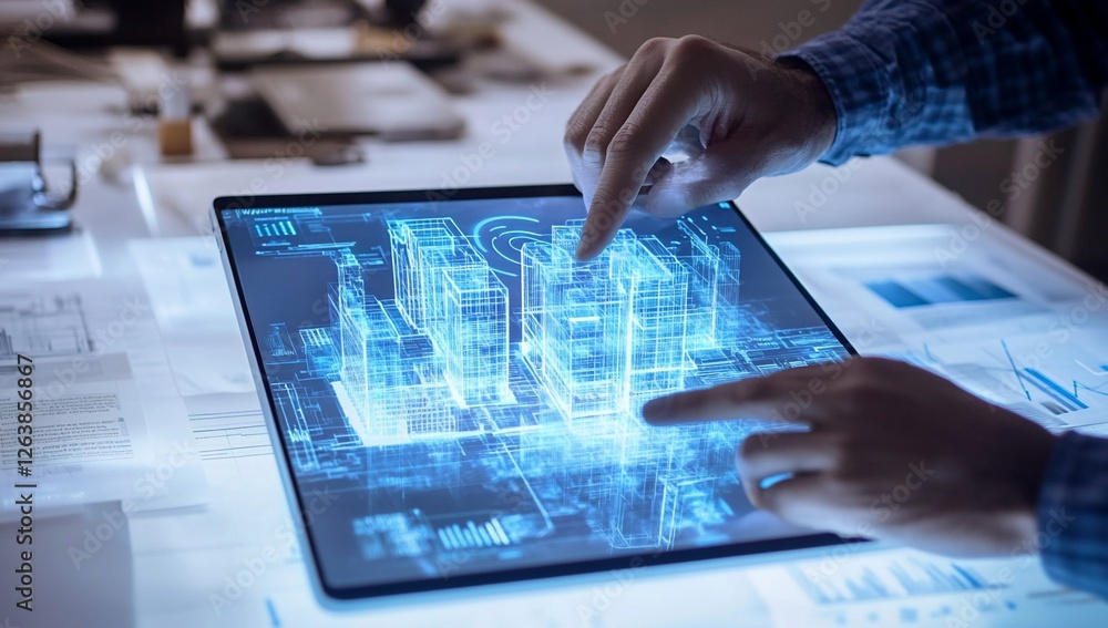 Fototapeta premium Person using tablet to interact with a digital 3D city model.