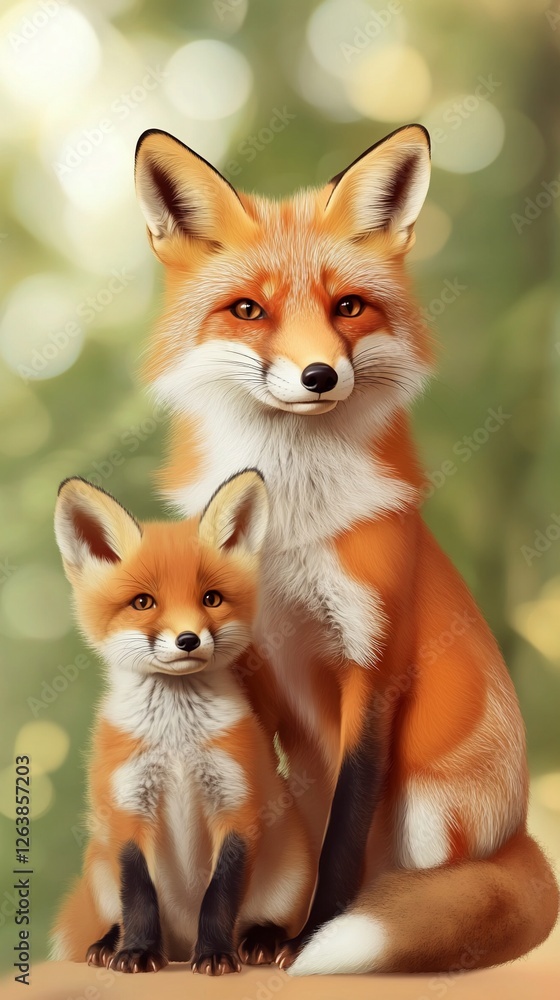 Red fox vixen and kit, forest, bokeh background, wildlife Red fox vixen and kit, forest, bokeh background, wildlife