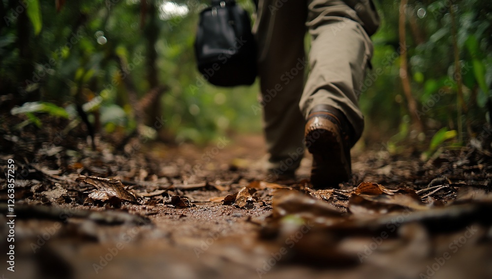 Person hiking on muddy forest trail, boots close-up. Person hiking on muddy forest trail, boots close-up.